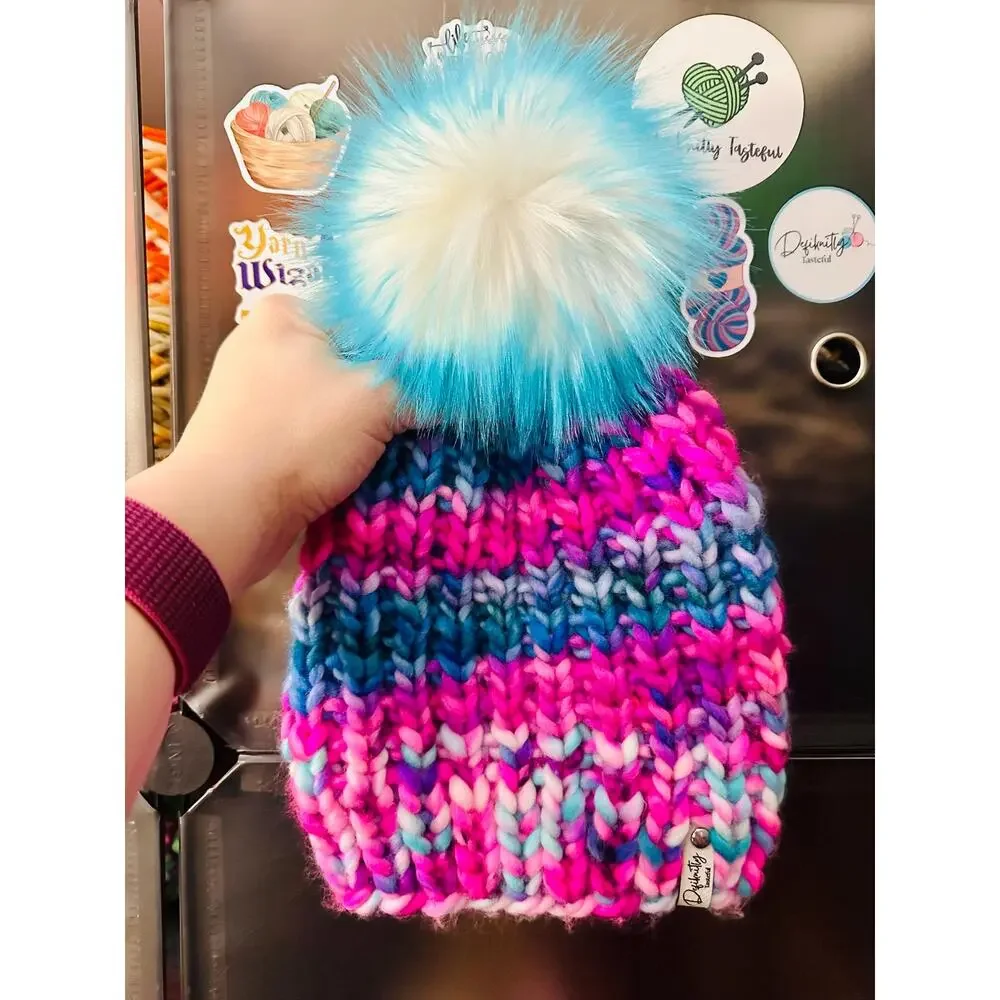 Hand Knit Scrappy Merino Wool Beanie: DefiKnitly Tasteful Knit Hat with Faux Fur